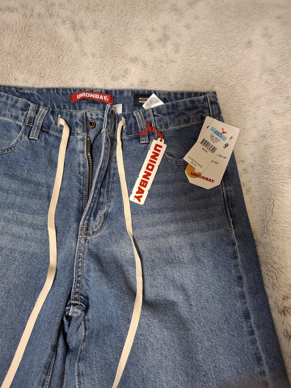 Junior's Wide Leg Blue Jeans with Drawstring Waist - Picture 3 of 3